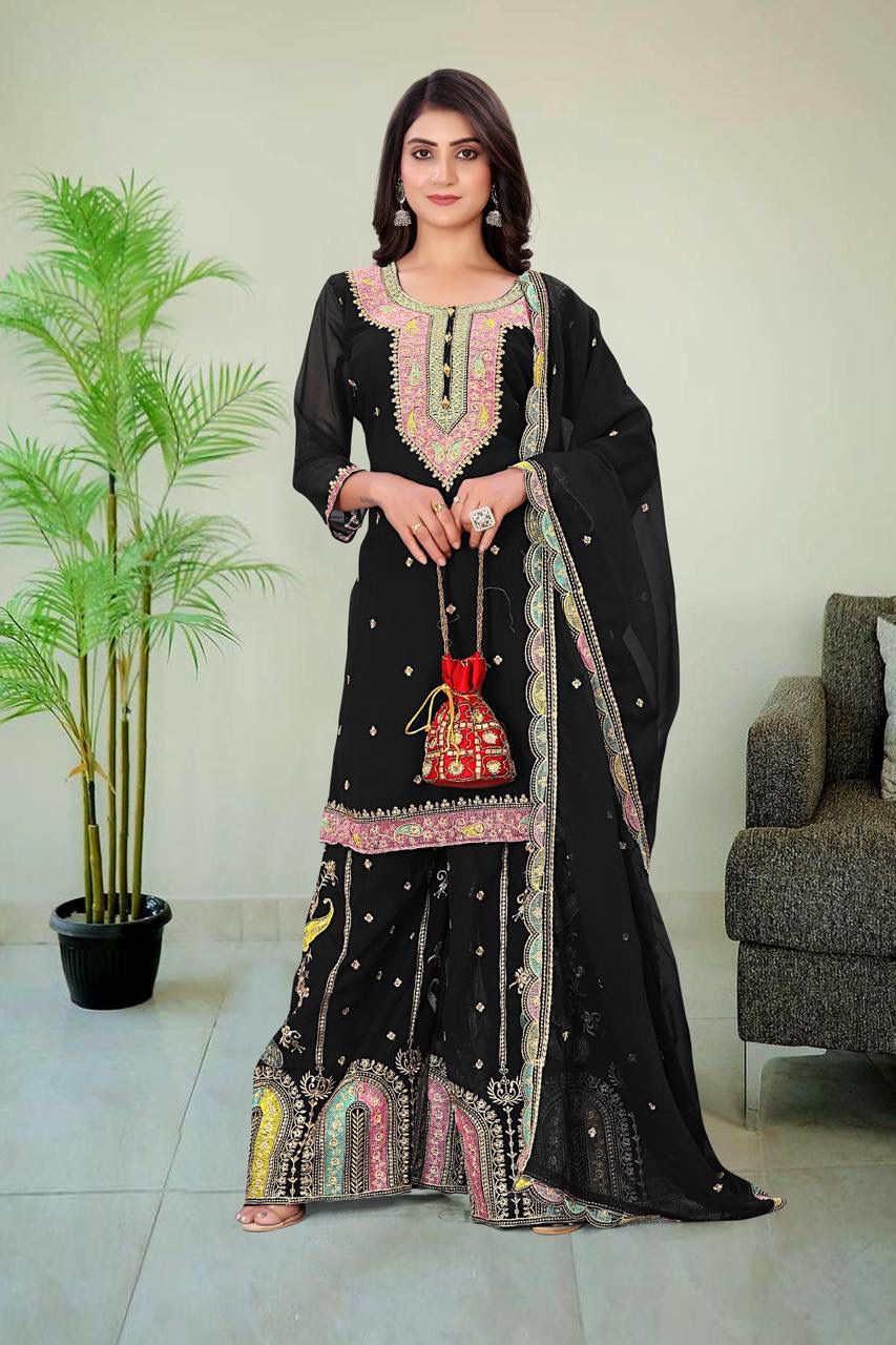 BLACK GEORGETTE TOP WITH BEAUTIFUL FULLY EMBROIDERED GEORGETTE PLAZZO